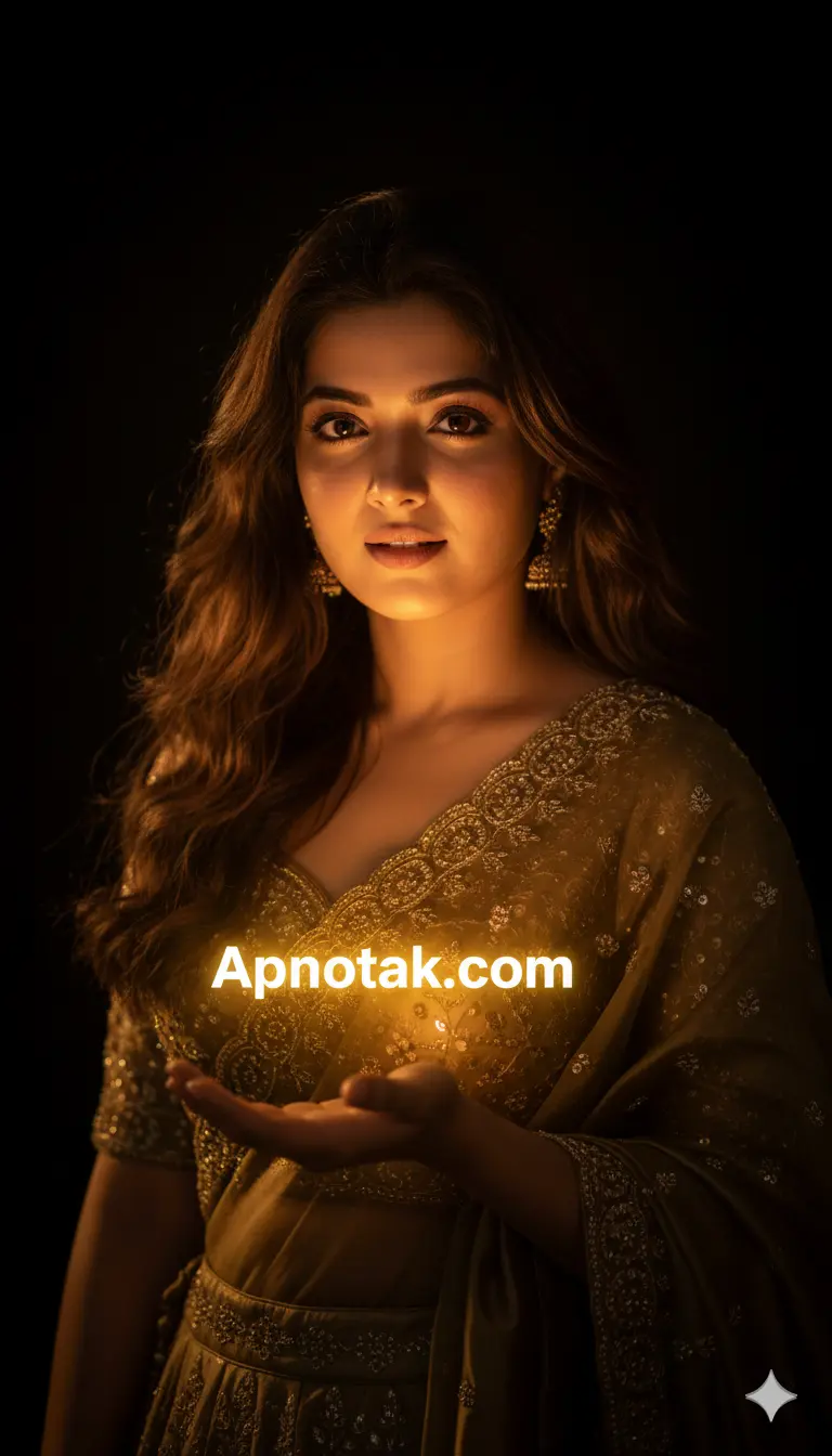 Use a reference image to create ultra-realistic, ultra-resolution cinematic 8k detail. A young woman with your face, wearing a silk Dark golden lehenga, He left hand holding glowing text that reads 'TYPE YOUR NAME HERE' name in his one hand. The scene is dark, with the glowing text illuminating his face and hands. The style is a realistic photograph with dramatic, low-key lighting.