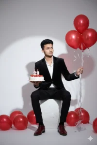"This is a photo of me. Please create a full-body 9:16 vertical birthday portrait of a handsome young man, around 29 years old. He has thick, naturally black hair styled in a clean, modern textured quiff with neatly faded sides, giving a sharp yet natural look. His face is well-groomed with a light stubble beard for a stylish and mature touch. His skin tone is fair, and his features are highlighted by natural, flattering studio lighting. He is wearing a tailored slim-fit black velvet suit jacket with a crisp white shirt underneath, left slightly unbuttoned at the collar for a relaxed birthday vibe. Paired with slim black trousers and polished deep red dress shoes that subtly match the theme. On his wrist, he wears a sleek silver watch. In his left hand, he holds a round white plate with a beautifully decorated strawberry birthday cake topped with fresh strawberries, “29” birthday candles, and tiny red cherry motifs on the icing. In his right hand, he holds a bunch of glossy metallic red balloons with long silver ribbons. Additional red balloons are scattered on the floor for decoration. He sits confidently on a sculpted white pedestal chair with embossed heart patterns, maintaining a relaxed yet elegant pose. The clean white studio backdrop is enhanced by a bright key light from the front and a soft round spotlight behind him, creating a subtle dark halo shadow effect for depth. The overall photography style is clean, high-key, and sharp-focused, emphasizing the rich reds, elegant blacks, and natural skin tones without heavy filters."