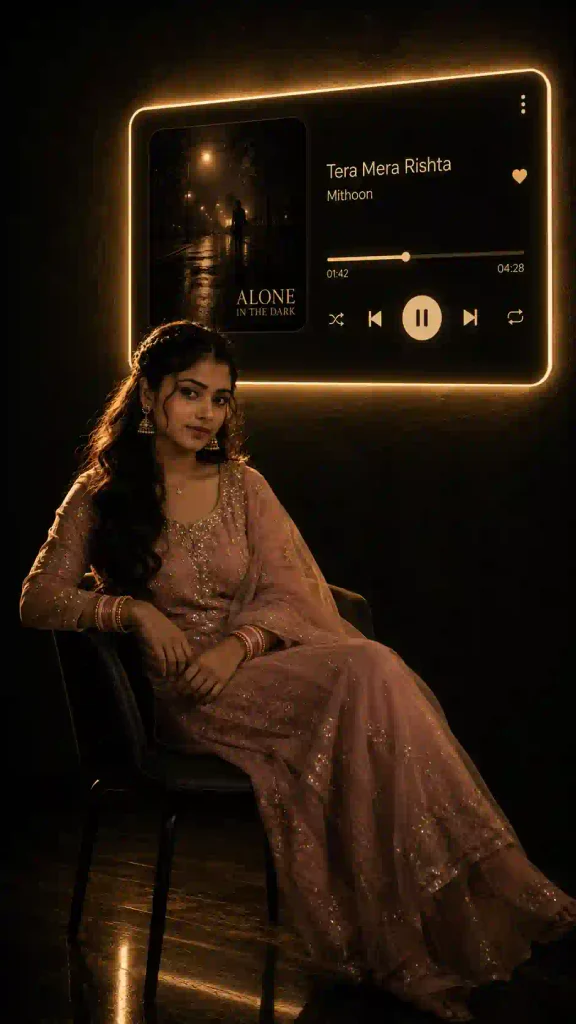 Girl sitting in dark room with glowing music player AI photo