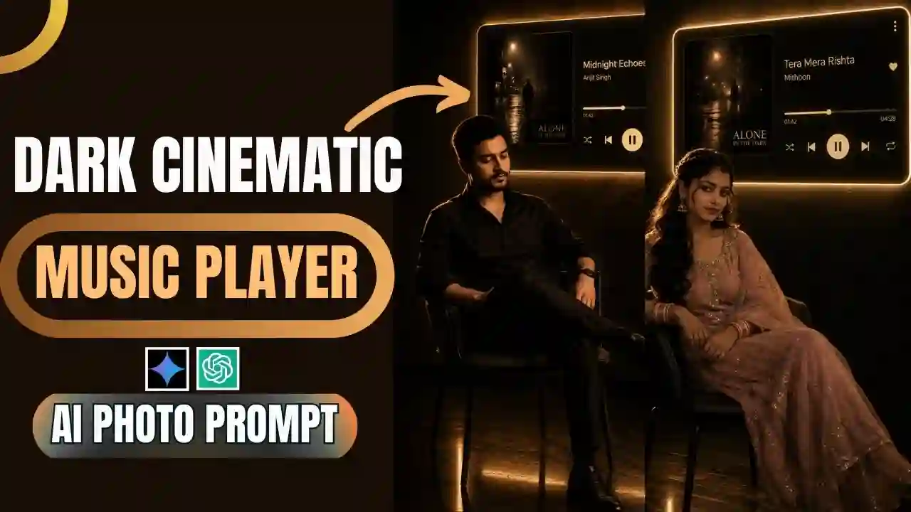 Cinematic music portrait AI photo with glowing music player on dark wall